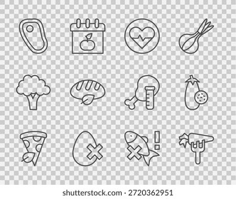 Set line Vegan pizza slice, Carrot, Heart rate, No egg, Steak meat, bread loaf, fish and Eggplant icon. Vector