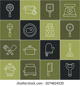 Set line Vegetable peeler, Barbecue spatula, Frying pan, Scrambled eggs, Spatula,  and Grater icon. Vector