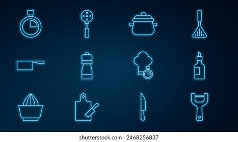 Set line Vegetable peeler, Bottle of olive oil, Cooking pot, Pepper, Saucepan, Stopwatch, Chef hat and Spatula icon. Vector