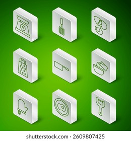 Set line Vegetable peeler, Scrambled eggs, Scales, Saucepan, Grater, Barbecue spatula, Oven glove and  icon. Vector