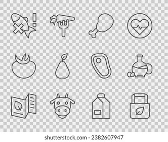 Set line Vegetarian food menu, Shopping bag with recycle, Chicken leg, Cow head, No fish, Pear, Paper package for milk and Bottle of olive oil icon. Vector