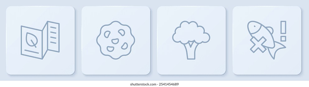 Set line Vegetarian food menu, Broccoli, Cookie or biscuit and No fish. White square button. Vector