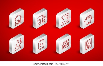 Set line Vending machine, Beer pong game, bubbles, Ice bucket, Street signboard with, Wooden barrel rack, can and Cold beer bottle icon. Vector