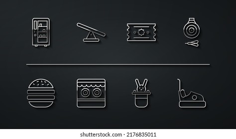 Set line Vending machine, Burger, Classic dart board and arrow, Magician hat rabbit, Shooting gallery, Seesaw, Bumper car and Ticket icon. Vector