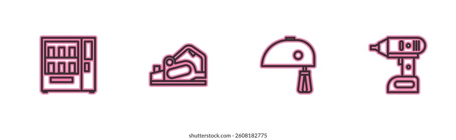 Set line Vending machine, Electric mixer, planer tool and cordless screwdriver icon. Vector
