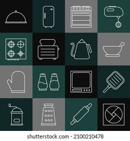 Die Linie Lüftung, Bratpfanne, Mortar und Pestle, Oven, Toaster mit Toast, Gasherd, Deckfach und Kettle Griff Symbol. Vektorgrafik