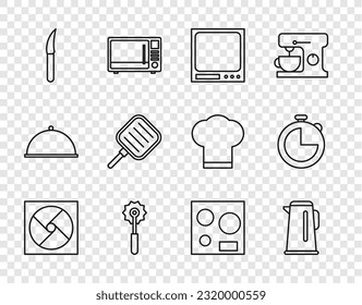 Set line Ventilation, Kettle with handle, Electronic scales, Pizza knife, Knife, Frying pan, Electric stove and Kitchen timer icon. Vector