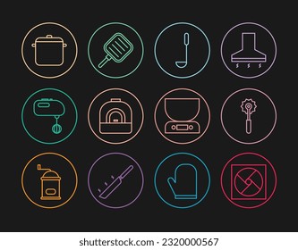 Set line Ventilation, Pizza knife, Kitchen ladle, Oven, Electric mixer, Cooking pot, Electronic scales and Frying pan icon. Vector