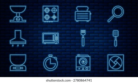Set line Ventilation, Spatula, Toaster with toasts, Microwave oven, Kitchen extractor fan, Electronic scales, Fork and Gas stove icon. Vector