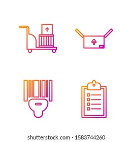 Set line Verification of delivery list clipboard , Scanner scanning bar code , Electric hand truck and boxes  and Cardboard box with traffic symbol . Gradient color icons. Vector