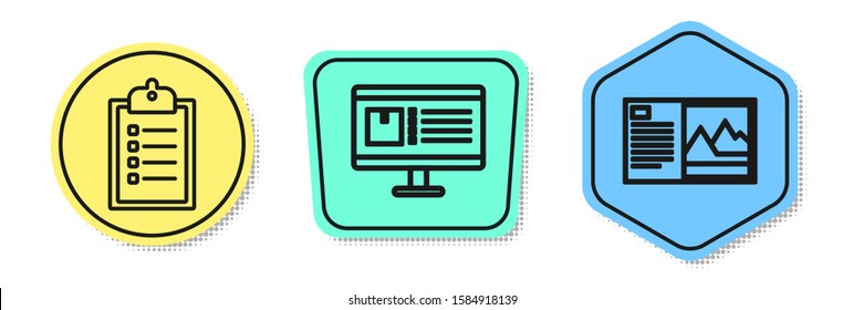 Set line Verification of delivery list clipboard , Computer monitor with app delivery tracking  and Postcard . Colored shapes. Vector