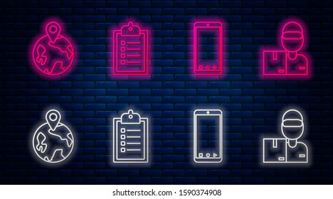 Set line Verification of delivery list clipboard , Mobile phone with app delivery tracking, Worldwide  and Delivery man with cardboard boxes . Glowing neon icon on brick wall. Vector