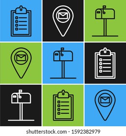 Set line Verification of delivery list clipboard , Open mail box  and Placeholder on map paper icon. Vector