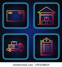 Set line Verification of delivery list clipboard , Delivery truck with cardboard boxes, Envelope  and Warehouse . Gradient color icons. Vector