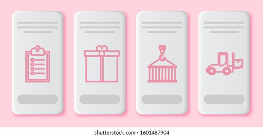 Set line Verification of delivery list clipboard , Gift box , Container on crane and Forklift truck . White rectangle button. Vector