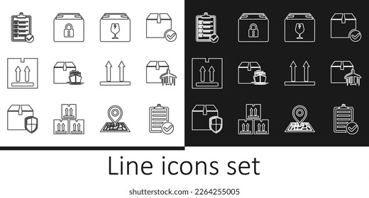 Set-line Überprüfung der Lieferliste, Pappe und Karton Box, Lieferung mit zerbrechlichem Inhalt, Frachtschiff Boxen, Pappverkehr, Diese Seite nach oben und Locked Paket Symbol. Vektorgrafik