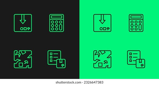 Set line Verification of delivery list, Broken cardboard box, Carton and Calculator icon. Vector