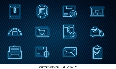 Set line Verification of delivery list clipboard, Carton cardboard box and delete, Online shopping screen, Warehouse, Envelope, dollar symbol and security shield icon. Vector