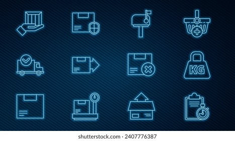 Set line Verification of delivery list clipboard, Weight, Mail box, Carton cardboard, Delivery truck with check mark, hand boxes, delete and security shield icon. Vector