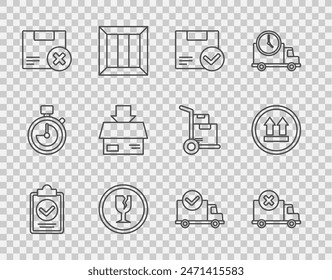 Set line Verification of delivery list clipboard, Delivery cargo truck vehicle, Package box with check mark, Fragile broken glass, Carton cardboard and delete,  and This side up icon. Vector