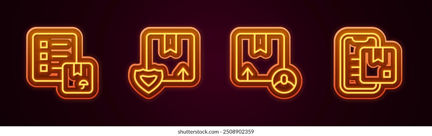 Set line Verification of delivery list, Delivery security with shield, Carton cardboard box and Document tracking marker. Glowing neon icon. Vector