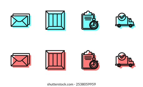 Set line Verification of delivery list clipboard, Envelope, Wooden box and Delivery truck with check mark icon. Vector