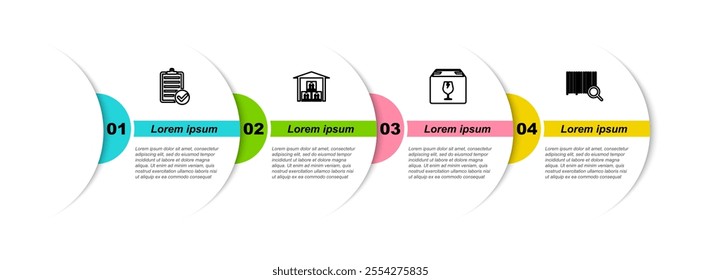 Set line Verification of delivery list, Warehouse, Delivery box with fragile content and Search barcode. Business infographic template. Vector