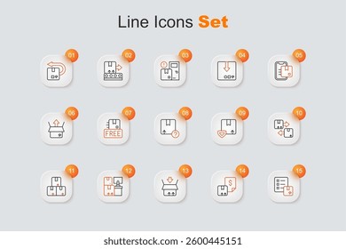 Set line Verification of delivery list, Waybill, Carton cardboard box, Warehouse with boxes, Cardboard traffic symbol, Delivery security shield and  icon. Vector