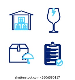 Set line Verification of delivery list, Delivery package with umbrella, Fragile broken glass and Warehouse icon. Vector