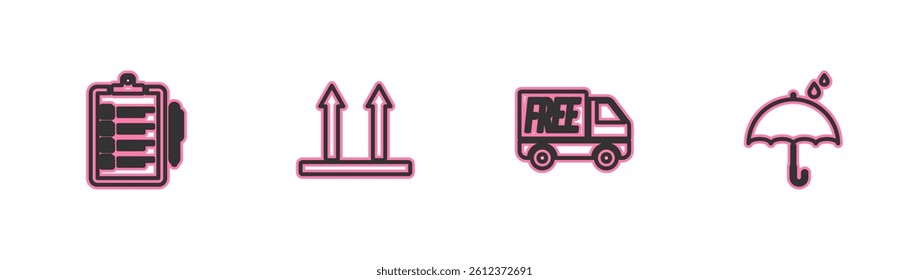 Set line Verification of delivery list, Free service, This side up and Umbrella and rain drops icon. Vector