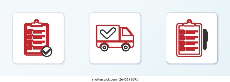 Set line Verification of delivery list,  and Delivery truck with check mark icon. Vector