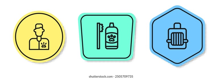 Set line Veterinarian doctor, Dental hygiene for pets and Pet carry case. Colored shapes. Vector