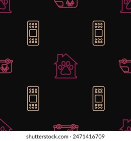 Set line Veterinary ambulance, Bandage plaster and Pet house on seamless pattern. Vector