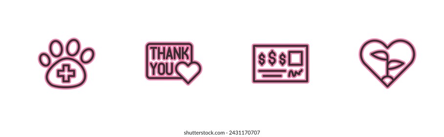 Set line Veterinary clinic, Bank check, Thank you with heart and Leaf icon. Vector