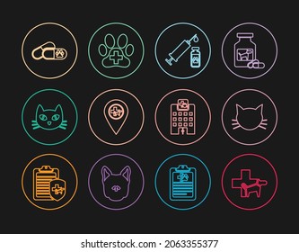 Set line Veterinary clinic, Cat, Syringe with pet vaccine, Location veterinary, Dog and pills, medicine hospital and  icon. Vector