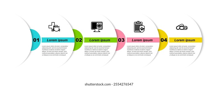 Set line Veterinary clinic, Clinical record pet on monitor,  and Cat and pills. Business infographic template. Vector