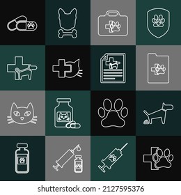 Set line Veterinary clinic, Dog pooping, Clinical record pet, Pet first aid kit, and pills and Medical certificate for dog cat icon. Vector