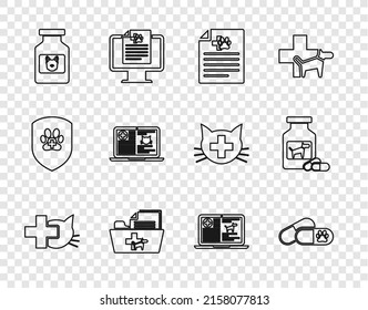 Set line Veterinary clinic, Dog and pills, Medical certificate for dog or cat, veterinary record folder, medicine bottle, Clinical on laptop,  and  icon. Vector