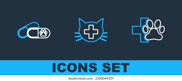 Set line Veterinary clinic, Dog and pills and  icon. Vector