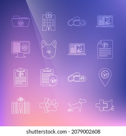 Set line Veterinary clinic, Location veterinary, Medical certificate for dog or, Cat and pills, Dog, Clinical record pet monitor, folder and laptop icon. Vector