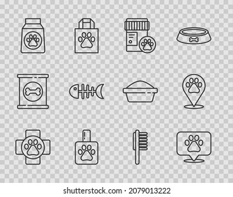 Set line Veterinary clinic, Location veterinary, Dog medicine bottle, Pet shampoo, Bag of food, Fish skeleton, Pets vial medical and  icon. Vector