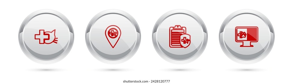 Set line Veterinary clinic, Location veterinary, Clinical record pet and monitor. Silver circle button. Vector