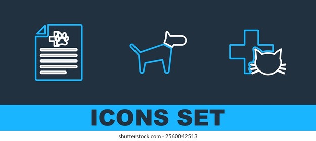 Set line Veterinary clinic, Medical certificate for dog or cat and Dog icon. Vector