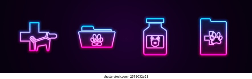 Set line Veterinary clinic, Medical veterinary record folder, Dog medicine bottle and Clinical pet. Glowing neon icon. Vector