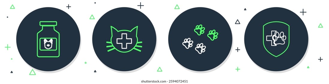 Set line Veterinary clinic, Paw print, Dog medicine bottle and Animal health insurance icon. Vector
