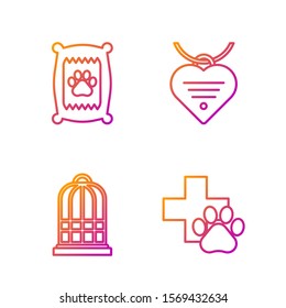 Set line Veterinary clinic symbol, Cage for birds, Bag of food for dog and Collar with name tag and heart. Gradient color icons. Vector