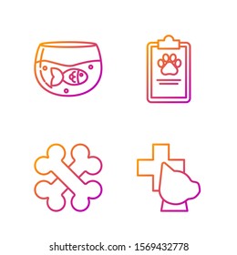 Set line Veterinary clinic symbol, Crossed bones, Aquarium with fish and Clipboard with medical clinical record pet. Gradient color icons. Vector