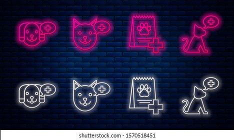 Set line Veterinary clinic symbol, Bag of food for dog, Veterinary clinic symbol and Veterinary clinic symbol. Glowing neon icon on brick wall. Vector