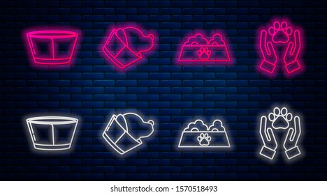 Set line Veterinary clinic symbol, Pet food bowl for cat or dog, Protective cone collar and Hands with animals footprint. Glowing neon icon on brick wall. Vector