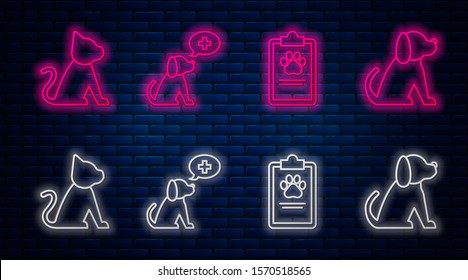 Set line Veterinary clinic symbol, Clipboard with medical clinical record pet, Cat and Dog. Glowing neon icon on brick wall. Vector